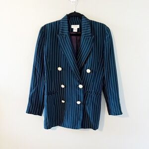 Vtg Ann Taylor Studio Double Breasted‎ Pinstripe Silk Blazer Size 4